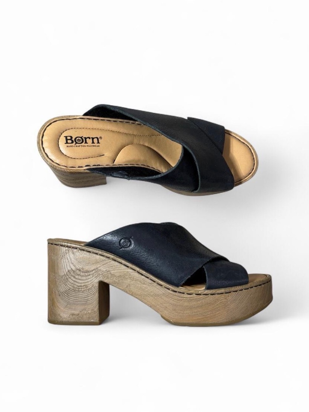Born Black Leather Cross Strap Platform Clog Sandals Women's Size 9 M Boho